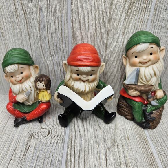 Vintage Homco Elf Gnome Figurines Set 3 Japan‎ 5205 Holiday Christmas Decor Cute - Picture 1 of 6